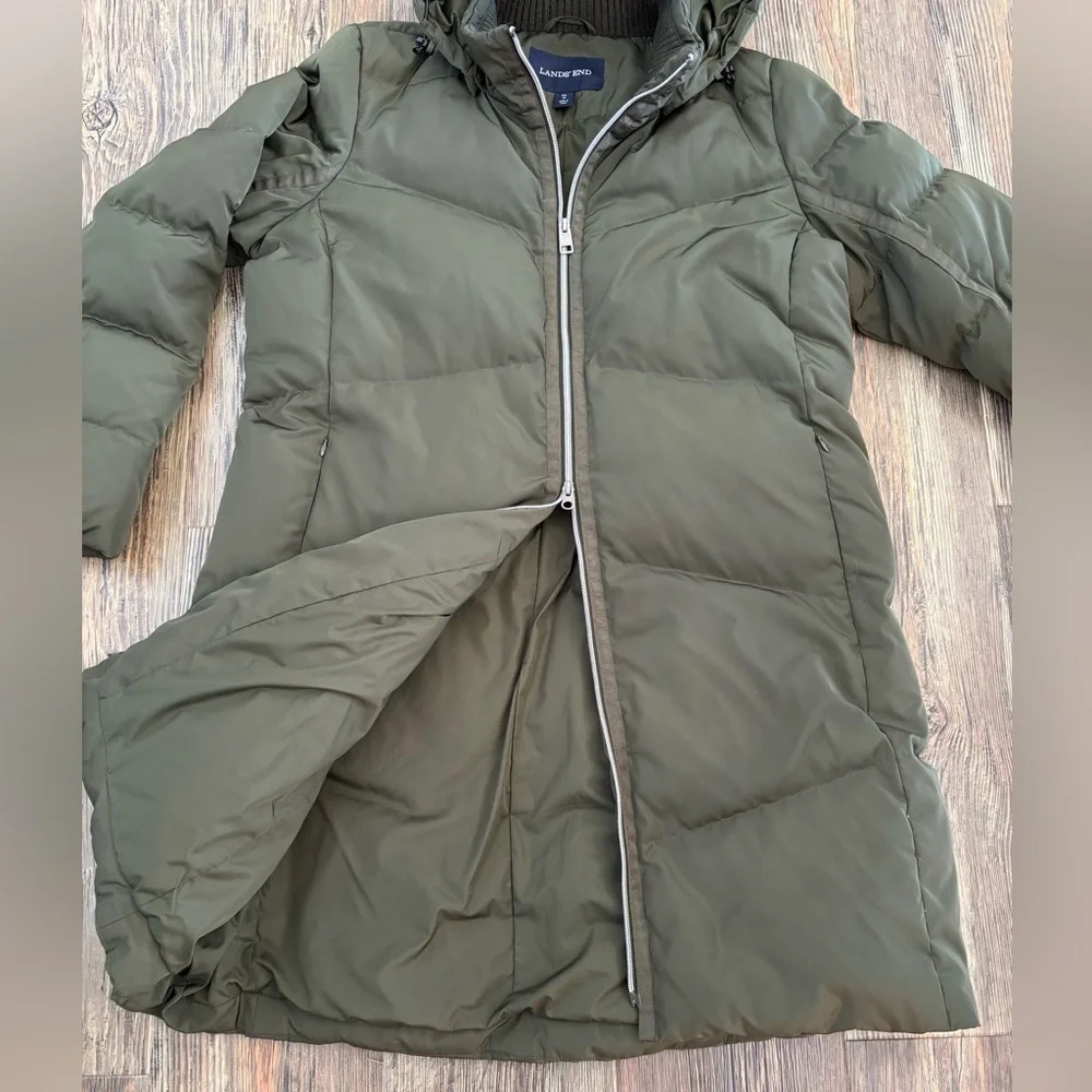 Lands’ End Hooded Quilted Down Puffer Jacket XL Olive Green 38” Long Two-Way Zip - Picture 3 of 14